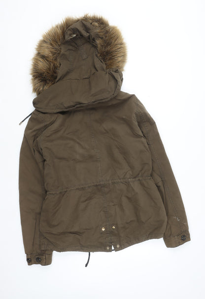Zara Woman Khaki Green Faux Fur Hooded Parka Jacket Size 12