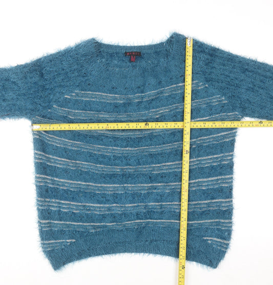 Mandi Women’s Blue Fuzzy Striped Pullover Jumper Size 14