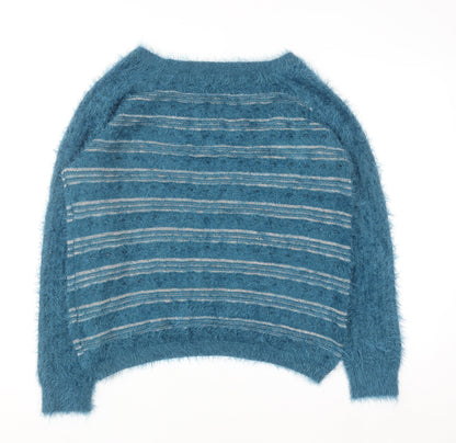 Mandi Women’s Blue Fuzzy Striped Pullover Jumper Size 14