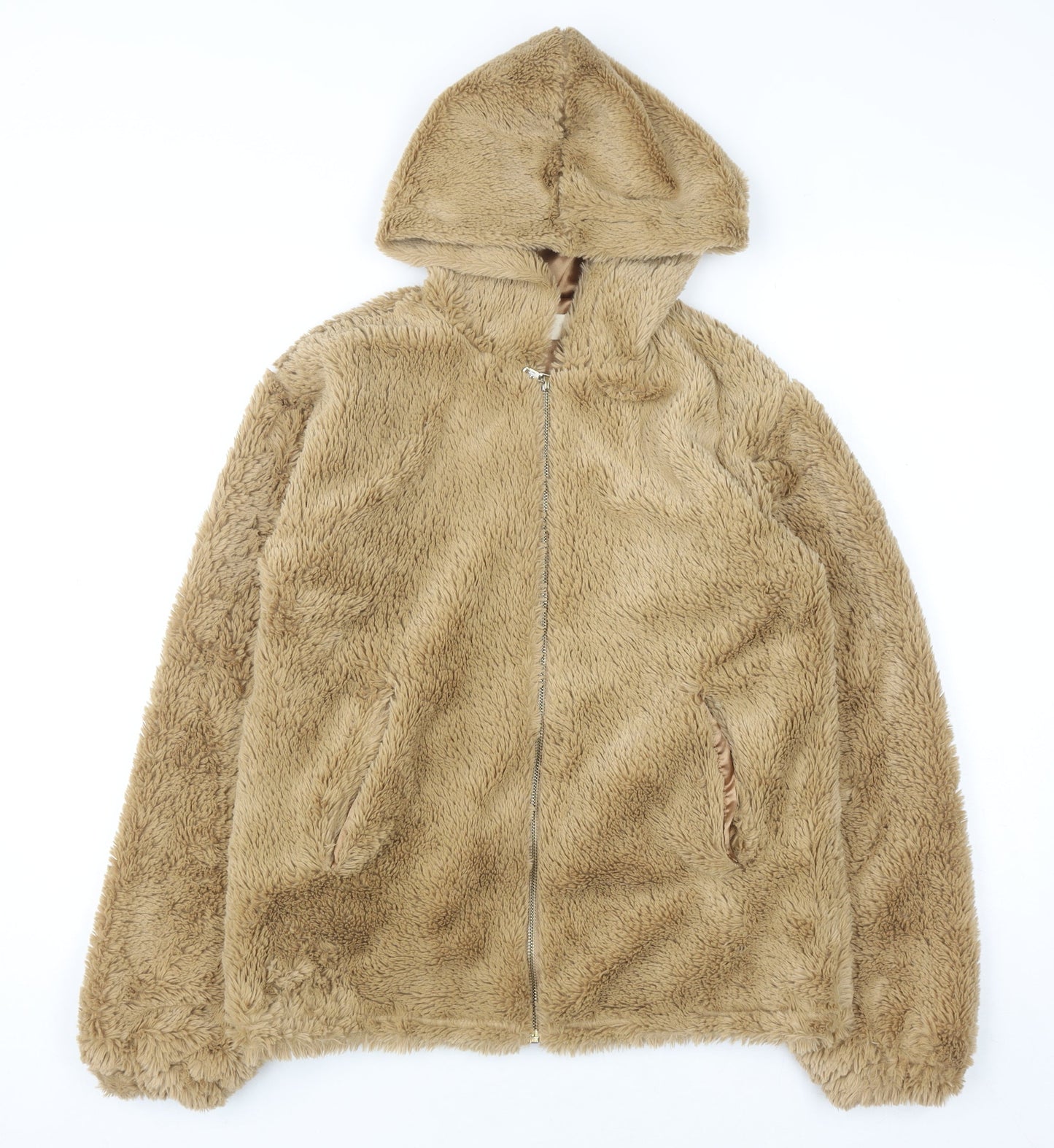 Urban Nation Womens Beige Hooded Faux Fur Fleece Jacket Size S