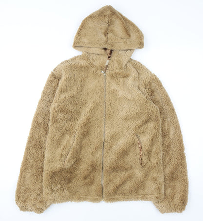 Urban Nation Womens Beige Hooded Faux Fur Fleece Jacket Size S