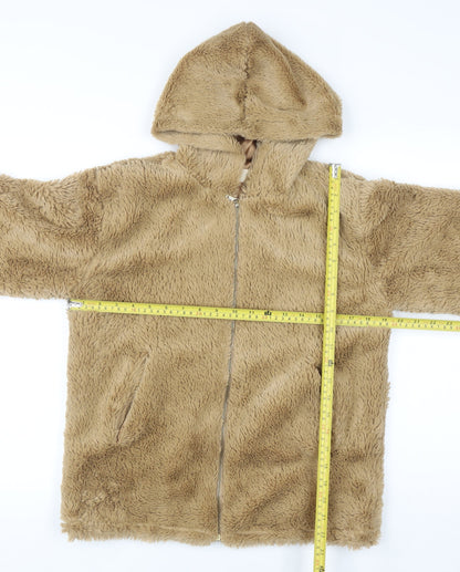 Urban Nation Womens Beige Hooded Faux Fur Fleece Jacket Size S