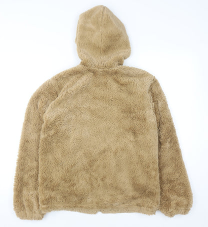 Urban Nation Womens Beige Hooded Faux Fur Fleece Jacket Size S