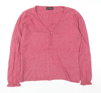 Principles Women Pink V-Neck Henley Jumper Size 16 Cotton Blend
