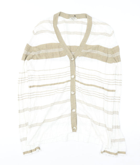 Jigsaw Women Beige Striped Linen Cotton V-Neck Button Cardigan M