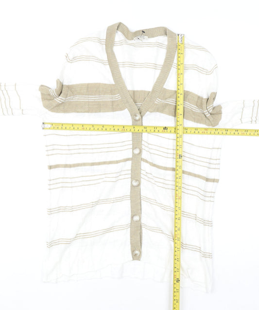 Jigsaw Women Beige Striped Linen Cotton V-Neck Button Cardigan M