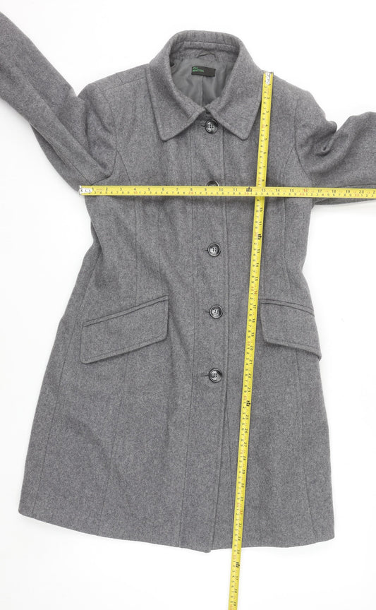Benetton Women Grey Wool Blend Long Coat UK 12 Classic Buttoned Overcoat