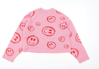 ASOS DESIGN Women Pink Crew Neck Smiley Knit Jumper Size 8