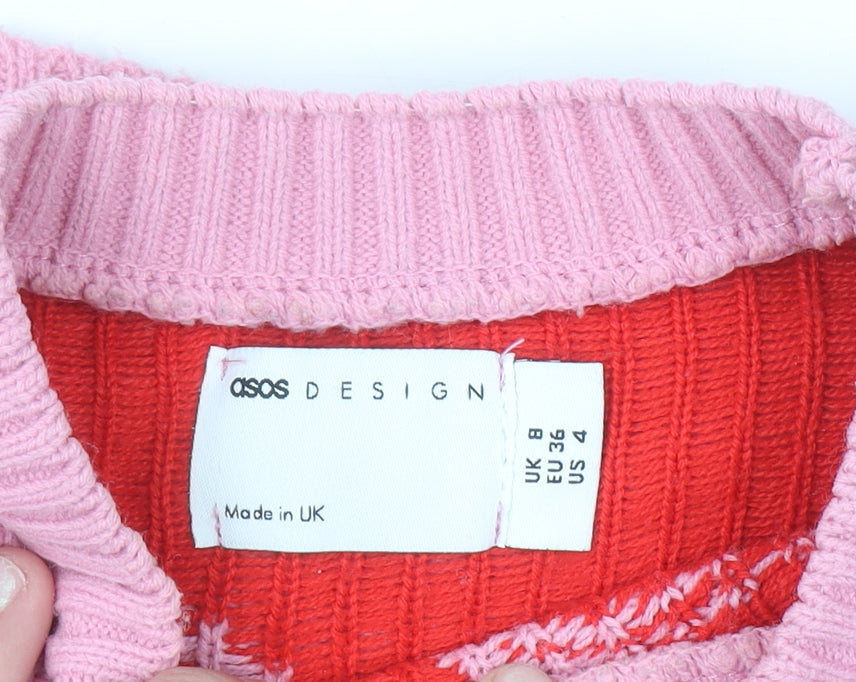 ASOS DESIGN Women Pink Crew Neck Smiley Knit Jumper Size 8
