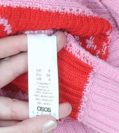 ASOS DESIGN Women Pink Crew Neck Smiley Knit Jumper Size 8