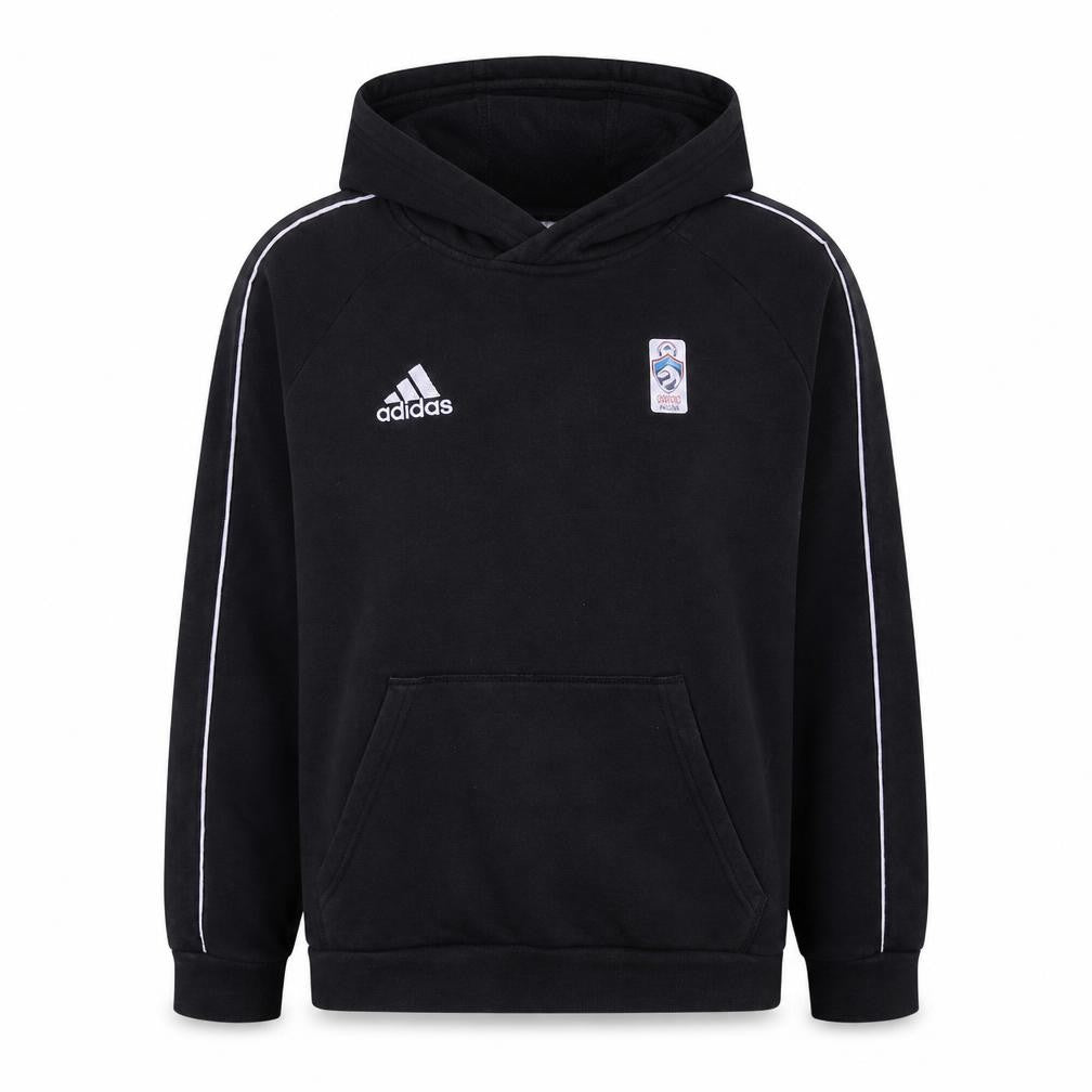 Front view of Adidas boys’ black pullover hoodie 13-14 years sports logo hooded top