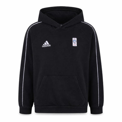 Front view of Adidas boys’ black pullover hoodie 13-14 years sports logo hooded top
