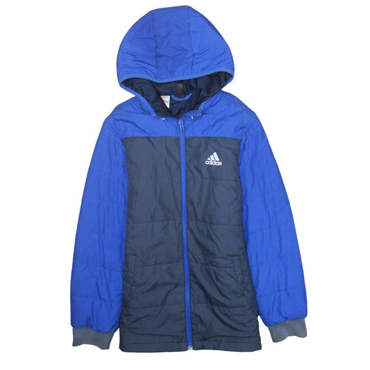 Adidas Boys Blue Hooded Puffer Jacket 11-12 Years Full Zip Lined Winter Coat