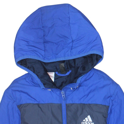 Adidas Boys Blue Hooded Puffer Jacket 11-12 Years Full Zip Lined Winter Coat