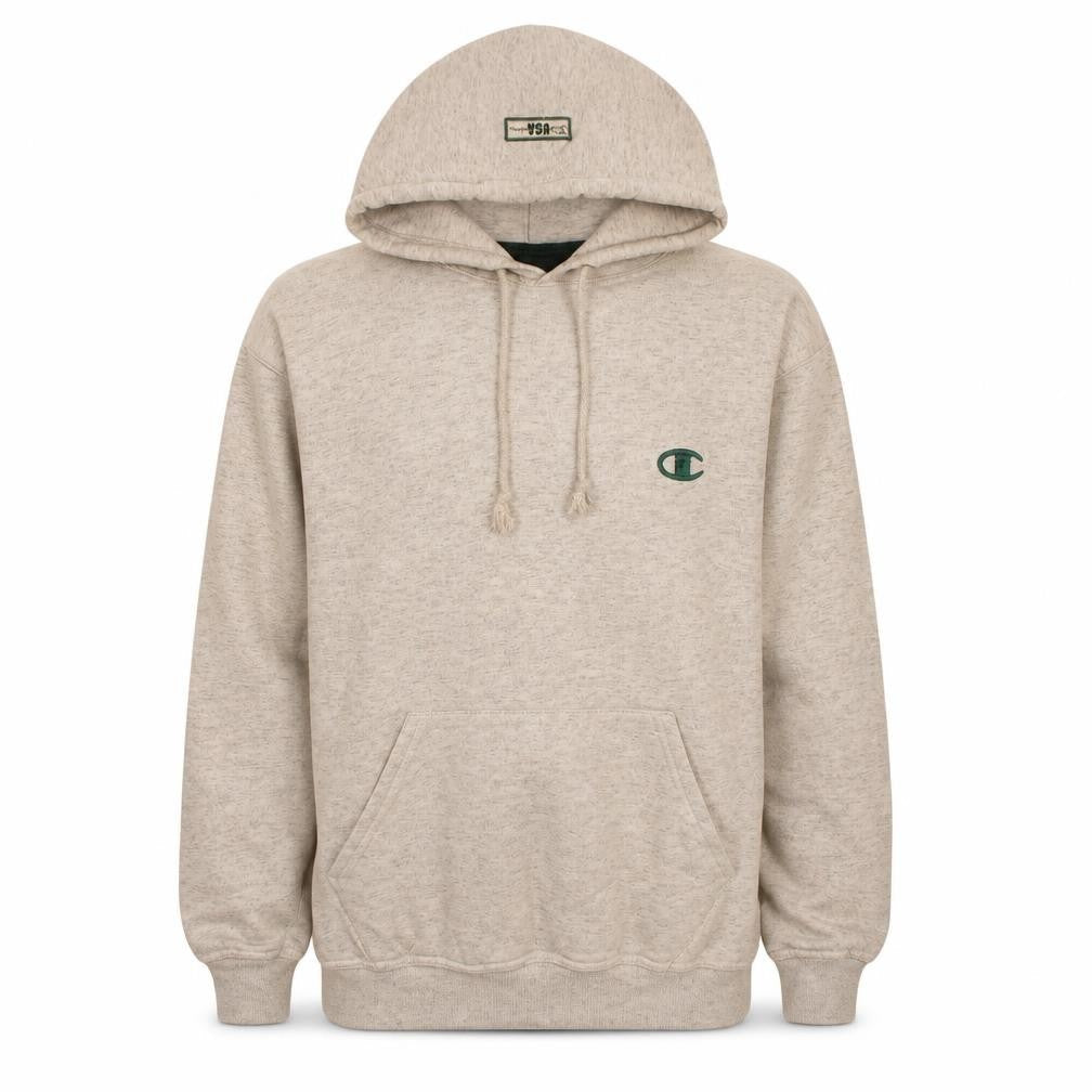 Champion Men's Beige Pullover Hoodie M Regular Fit Fleece Logo