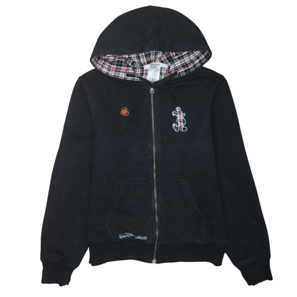 Disney Parks Women Black Full Zip Hoodie Size M Mickey Plaid Lined Sweatshirt