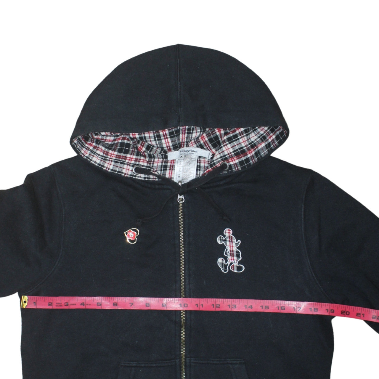 Disney Parks Women Black Full Zip Hoodie Size M Mickey Plaid Lined Sweatshirt