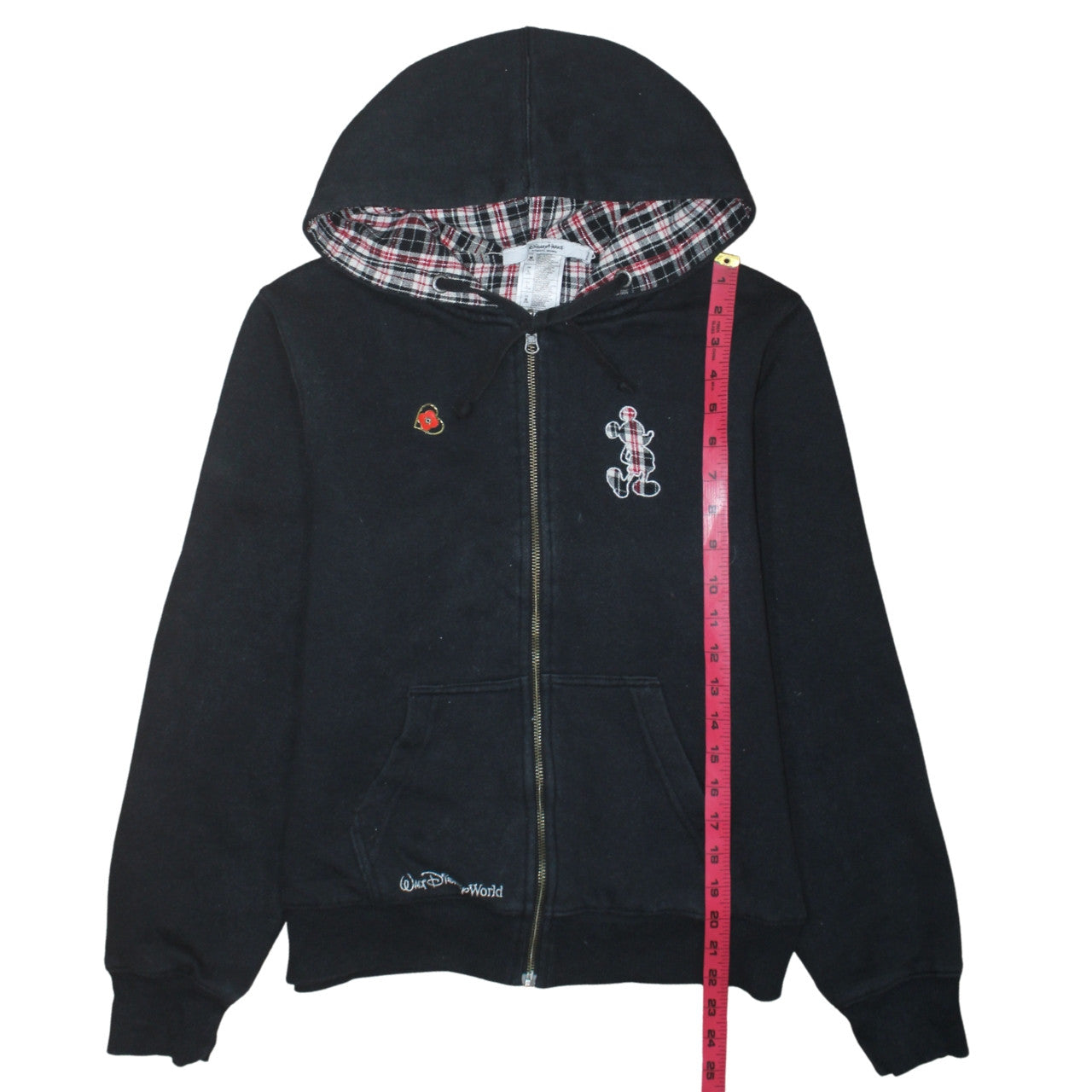 Disney Parks Women Black Full Zip Hoodie Size M Mickey Plaid Lined Sweatshirt
