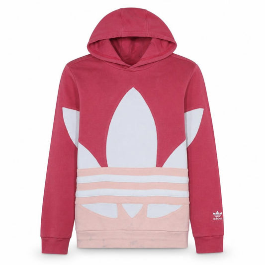 Front view of Adidas girls’ pink colourblock logo pullover hoodie, size 13-14, years