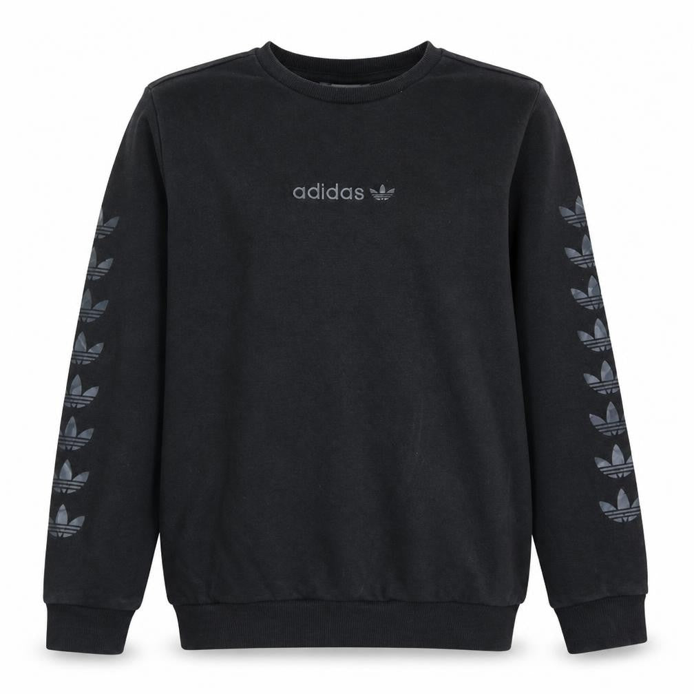 Front view of Adidas boys’ black crew neck logo sweatshirt 13-14 years