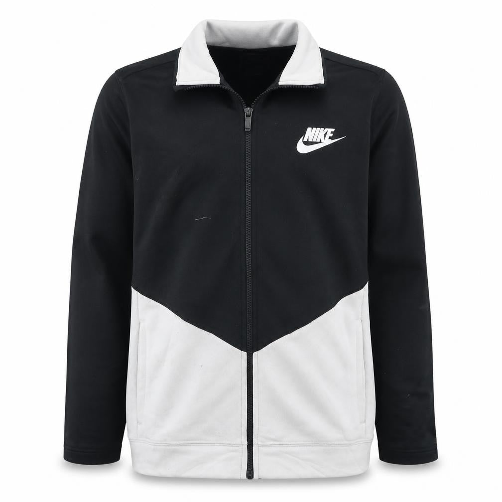 Front view of Nike boys’ black full zip sports sweatshirt xl colourblock logo