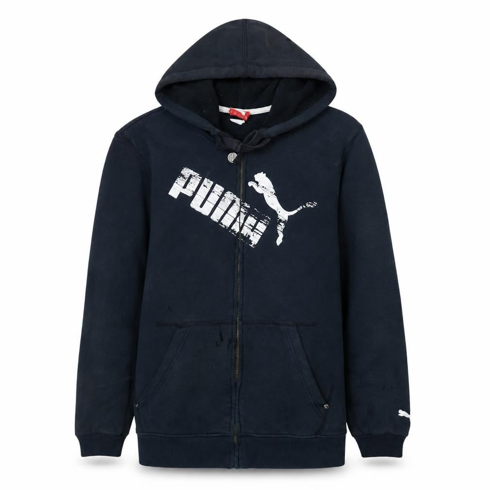 Front view of Puma men’s black full zip hoodie m graphic sports fleece