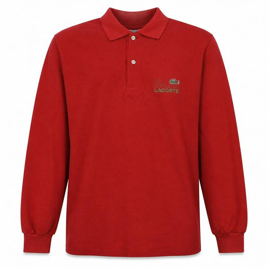 Front view of Lacoste men’s red long sleeve collared cotton polo shirt xl