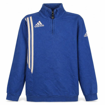 Front view of Adidas boys’ blue 1/4 zip fleece sweatshirt 16 years regular fit sports top