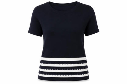 Country Casuals Women Blue White Striped Short Sleeve Knit Pullover Jumper L