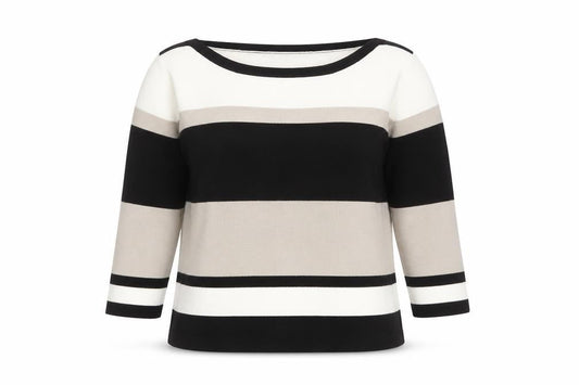 SOON Women's Black Grey White Striped 3/4 Sleeve Acrylic Jumper Size 16