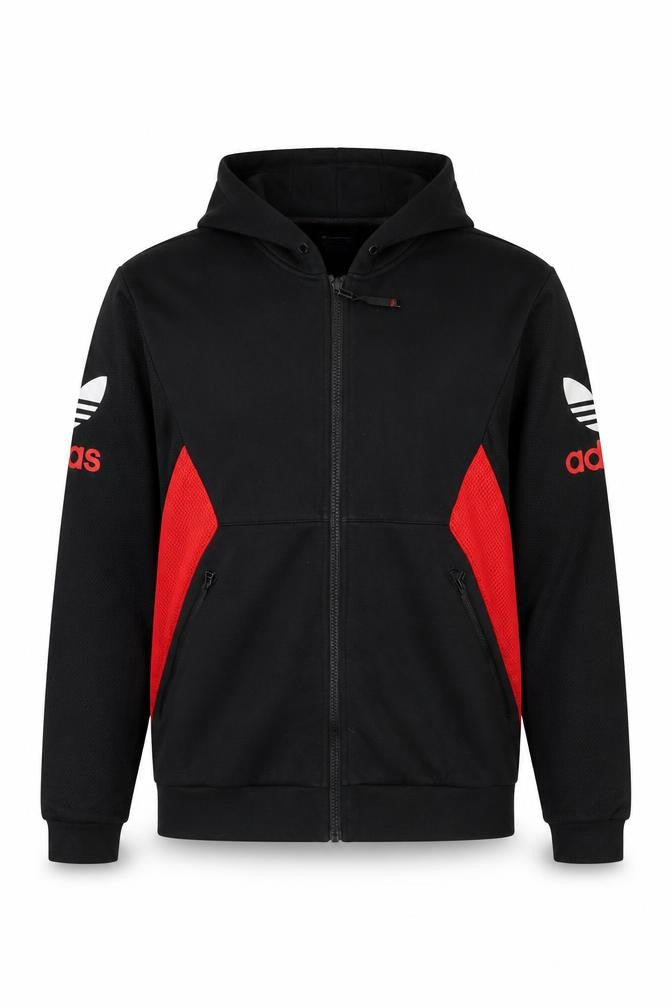Front view of adidas men’s black red full zip hoodie l sportswear fleece