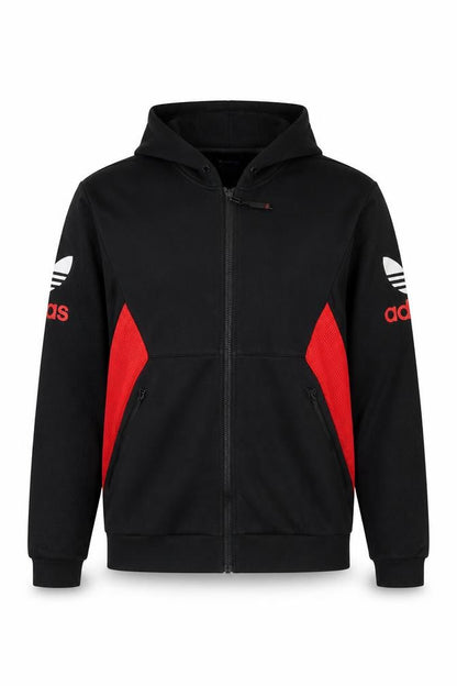 Front view of adidas men’s black red full zip hoodie l sportswear fleece