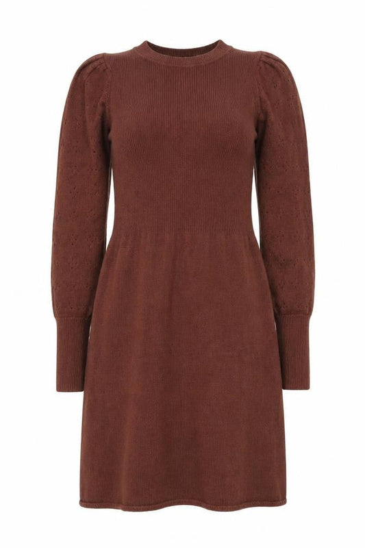 Front view of b.young Women's Brown Knit Jumper Dress, size S, Long Sleeve