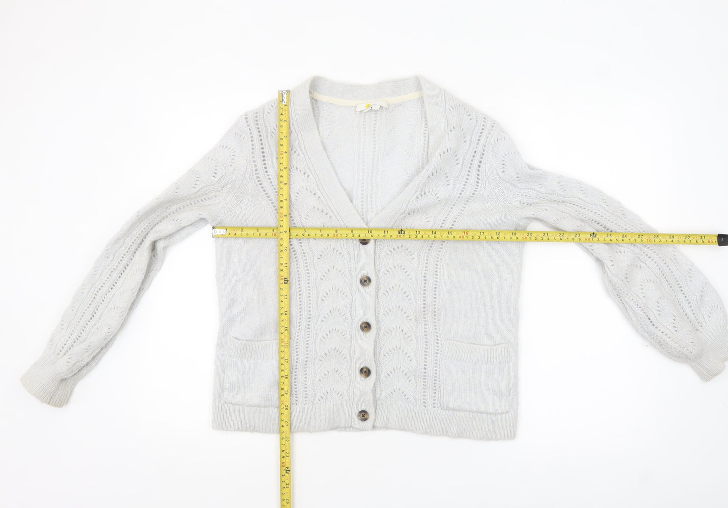 Boden Women Grey Cable-Knit Cardigan Size S V-Neck Wool Blend
