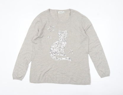 Canda Women's Beige Sequin Cat Pullover Jumper Size M