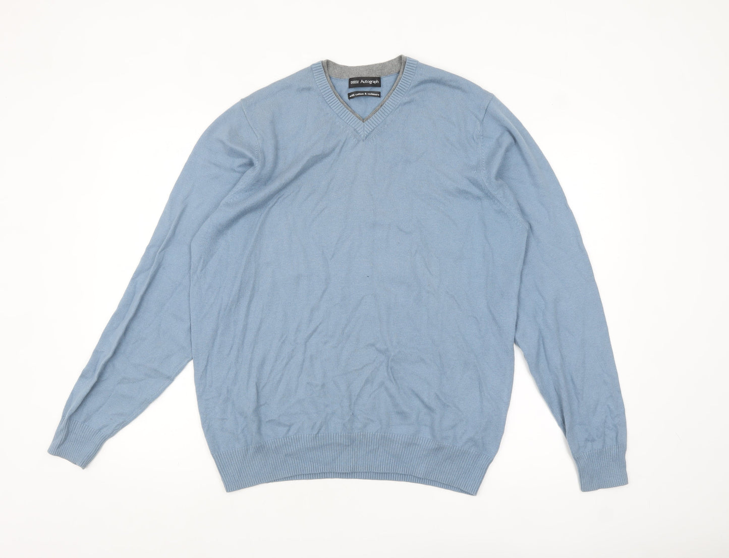 Marks and Spencer Autograph Men's Blue V-Neck Jumper Medium Cotton Cashmere