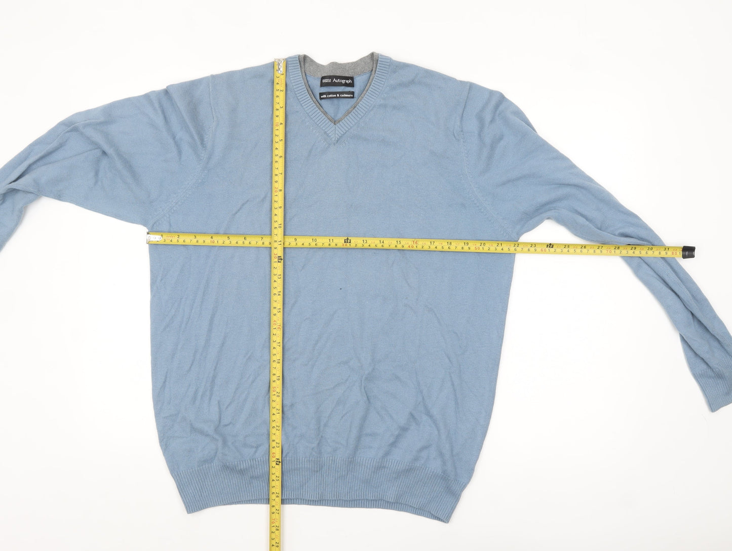 Marks and Spencer Autograph Men's Blue V-Neck Jumper Medium Cotton Cashmere