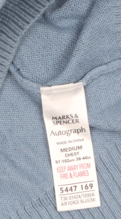 Marks and Spencer Autograph Men's Blue V-Neck Jumper Medium Cotton Cashmere