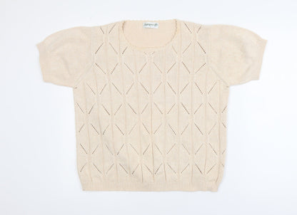 Jumper Women Beige L Short Sleeve Cotton Open-Knit Pullover