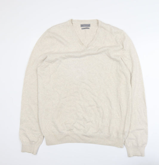 Marks and Spencer Men Beige Cotton V-Neck Jumper Size L
