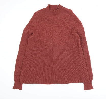 WoolOvers Womens Brown Lambswool Mock Neck Cable Knit Jumper L