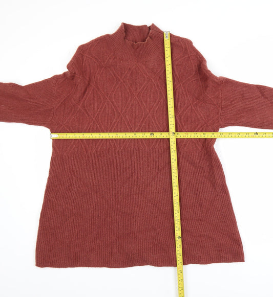 WoolOvers Womens Brown Lambswool Mock Neck Cable Knit Jumper L