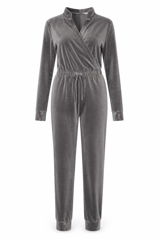 George Women Grey Velour Jumpsuit Small Long Sleeve Drawstring Waist Lounge