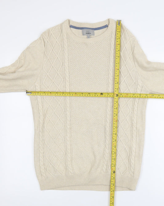 Marks and Spencer Men's Beige Cotton Cable-Knit Jumper Size S