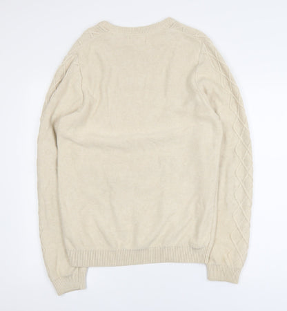 Marks and Spencer Men's Beige Cotton Cable-Knit Jumper Size S