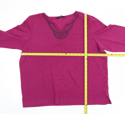 BM Casual Women's Pink V-Neck Embroidered Pullover Jumper Size L