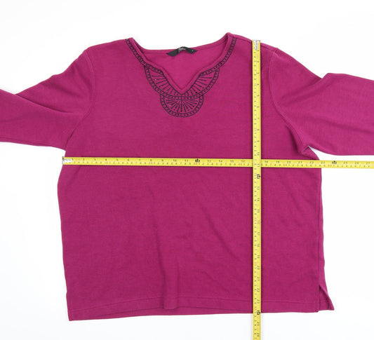BM Casual Women's Pink V-Neck Embroidered Pullover Jumper Size L