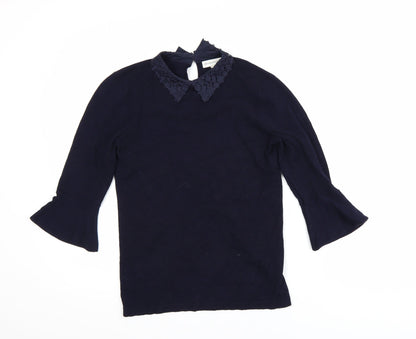 Warehouse Women Blue Collared Lace Blouse Size 8 3/4 Sleeve Tunic