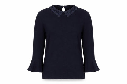 Warehouse Women Blue Collared Lace Blouse Size 8 3/4 Sleeve Tunic