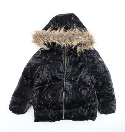 Michael Kors Girls Black Fur Trim Hooded Puffer Jacket 7-8 Years Winter Coat